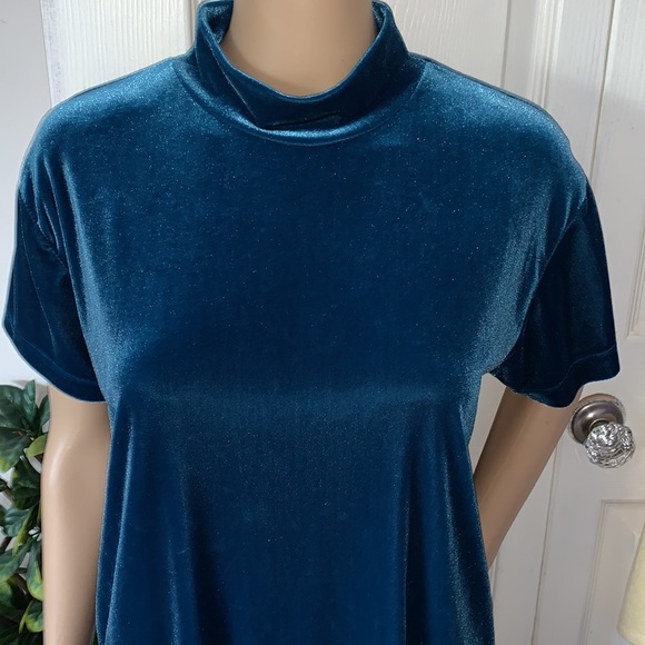 Vintage 90s teal turquoise spandex Stretch velour mock neck shirt top L - Picture 2 of 9